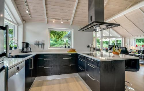a kitchen with black cabinets and a stove top oven at Lovely Home In Hobro With Wifi in Hobro