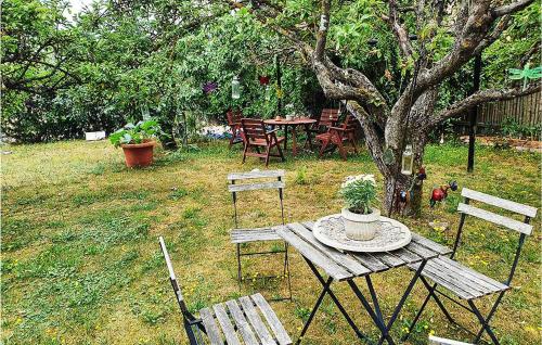 DegerhamnにあるLovely Apartment In Öland With Wifiの木の植わる庭のピクニックテーブルと椅子