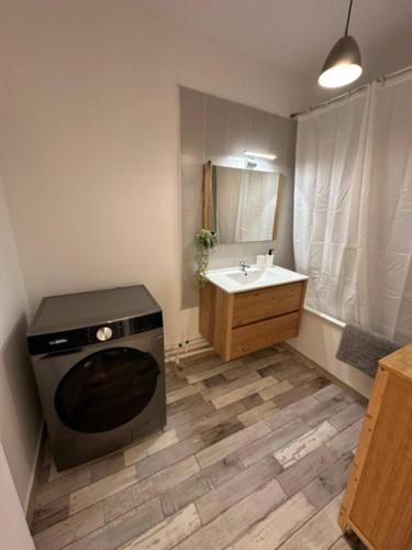 Elle comprend une petite salle de bains pourvue d'une cuisinière et d'un évier. dans l'établissement Joli appartement vue tour Eiffel de loin, à Créteil