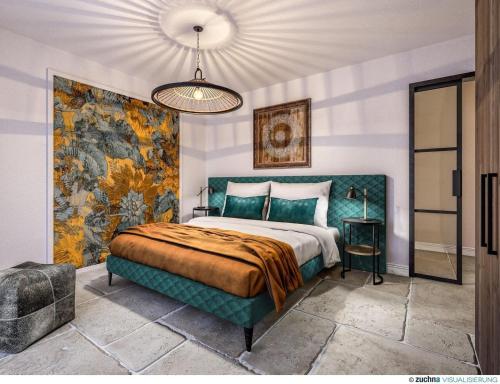 a bedroom with a large bed with a green headboard at Tomtegl-Bergchalet-No-6-mit-Privatsauna-Infinitypool-Kamin-Fitnessraum-1500m-Seehoehe in Hochrindl