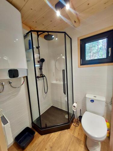 a bathroom with a shower and a toilet at Domek Clonowo in Borsk