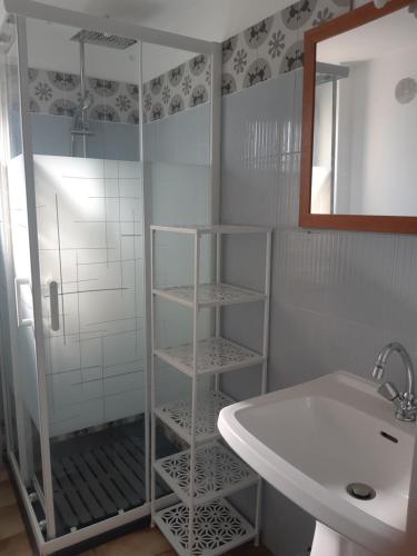 une salle de bain avec douche et lavabo dans l'établissement Gîte Canoé Piscine chauffée et Spa en Ardèche Méridionale, à Ruoms