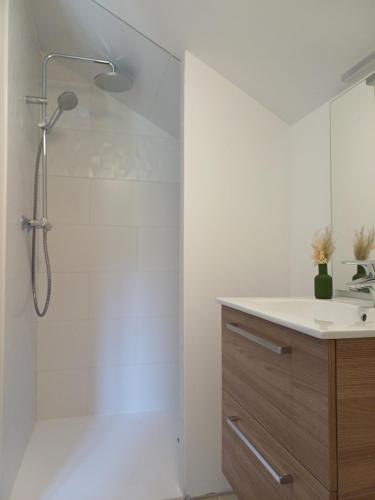 une salle de bain avec douche et lavabo dans l'établissement Maison typique et roulotte vue sur le château d'Hautefort, à Hautefort