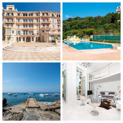 un collage de photos d'un hôtel et d'une piscine dans l'établissement LA PERLE Luxueux Apt 135m2 Piscine Tennis Plage Privée, à Roquebrune-Cap-Martin