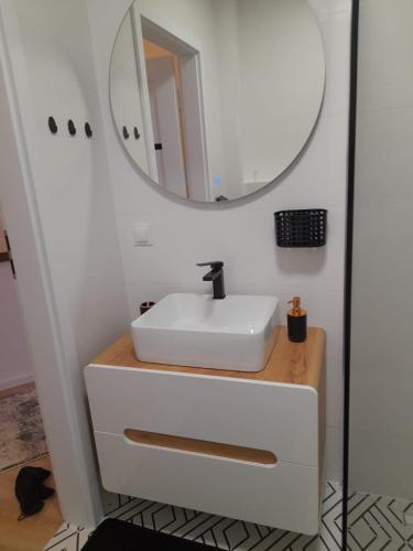 a bathroom with a white sink and a mirror at Nadmorskie Apartamenty w Gąskach in Gąski