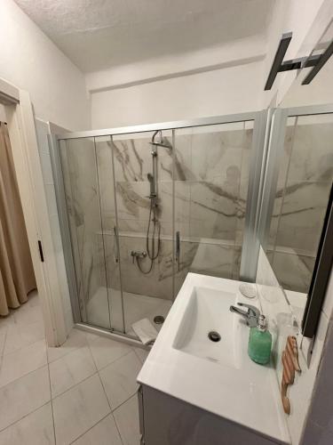 a bathroom with a shower and a white sink at La casa di Andreina in Monterosso al Mare