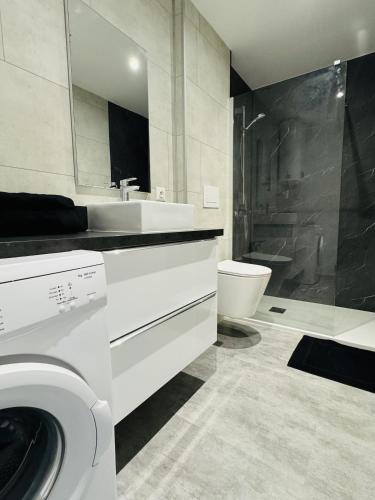 une salle de bain avec un lavabo et une machine à laver dans l'établissement Le Bel Aire - Terrasse - WIFI, à Bègles