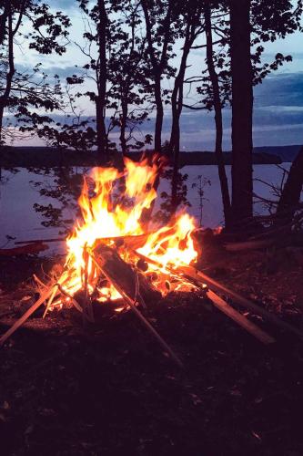 a bonfire in the woods near a body of water at Tiny Loon and Mayfly Tiny House in Strathlorne