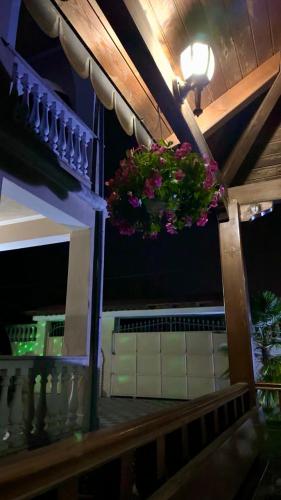 a balcony with flowers hanging from a ceiling at Guest House Pulake in Berat