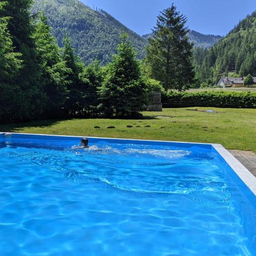 a person swimming in a large blue swimming pool at Ferienwohnungen Taverne in Langau