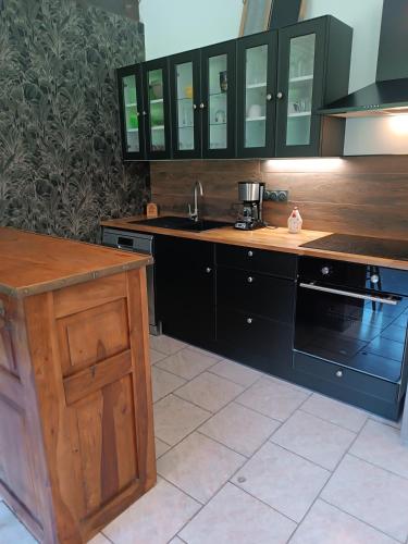 - une cuisine avec des placards noirs et un évier dans l'établissement domaine des étangs du bois de l'abbaye, à Rejet-de-Beaulieu