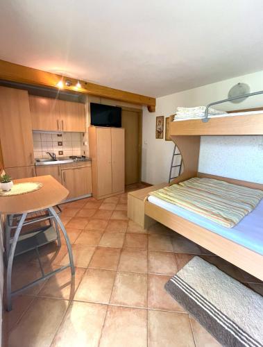 a small room with a bunk bed and a table at Apartma Savan in Tolmin