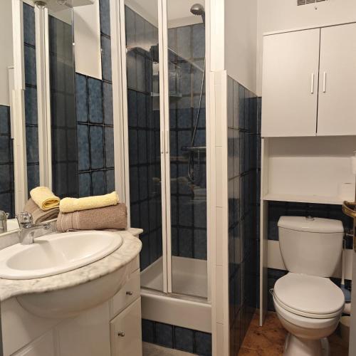 une salle de bain avec toilettes, lavabo et douche dans l'établissement Charmant T2 à cassis, à Cassis