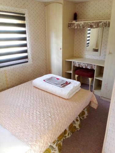 a bedroom with a bed and a desk and a mirror at Atpūtas mājiņa ''JŪRASMIERS'' in Mērsrags
