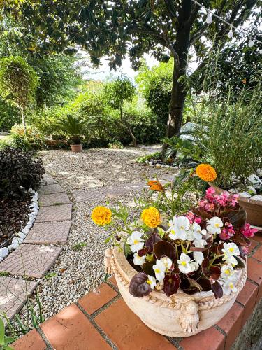 a basket filled with flowers in a garden at Le Magnolie Paliano appartamento 120 mq in Paliano