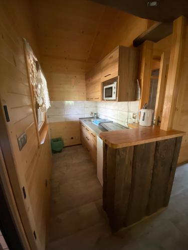 a small kitchen with a sink and a counter at Domek letniskowy - Świętne nad jeziorem Wilczyńskim in Wilczyn