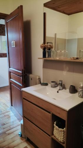 une salle de bain avec un lavabo et un miroir dans l'établissement La maison des Roses, à Saint-Jodard
