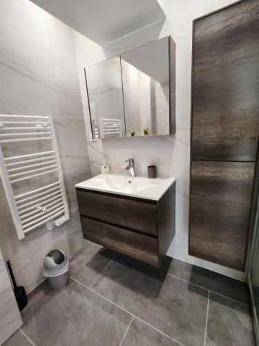 une salle de bain avec un lavabo et un miroir dans l'établissement Les orangers, à Ravilloles