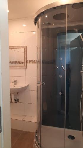 a shower with a glass door in a bathroom at Ferienwohnung Mittelpunkt in Schortens