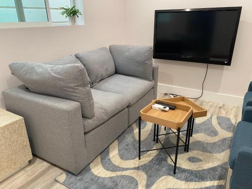 a living room with a grey couch and a tv at Charming 3BR 1BA Apt in Mission in San Francisco