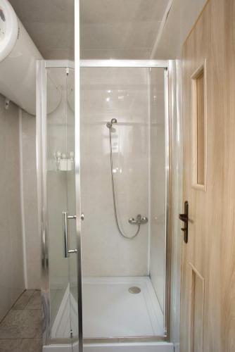 eine Dusche mit Glastür im Badezimmer in der Unterkunft Domek Przystan kajakowa in Zwierzyniec