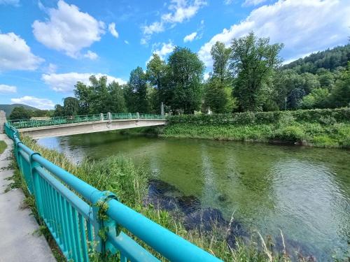 a bridge over a river with a green railing at Ferienwohnung Detox in Payerbach