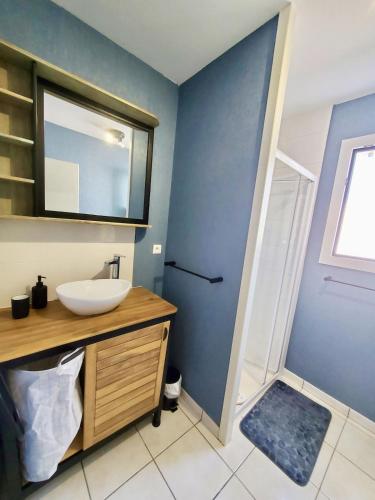 une salle de bain avec un lavabo et un miroir dans l'établissement Proche célèbre Phare de Chassiron, à Chassiron