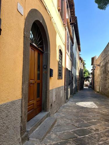 an alley with a brown door on a building at casa centro storico in Montefiascone