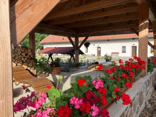 a group of flowers in a patio with benches at Usedlost Horka Onšov in Onšov