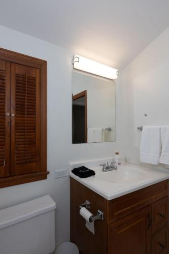 a bathroom with a sink and a toilet and a mirror at Group Getaway 6BR Near Fort Benning Huge Kitchen Private Yard in Columbus