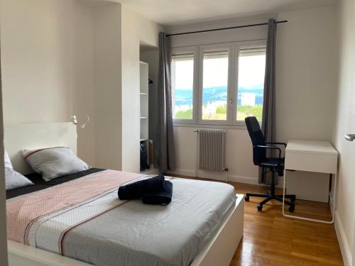 une chambre avec un lit, un bureau et une fenêtre dans l'établissement La Désirade, à Grenoble