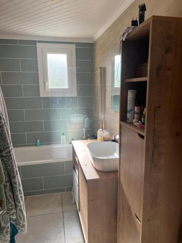 une salle de bain avec un lavabo et une baignoire dans l'établissement Maison familiale avec jardin, proche Paris Centre, à Neuilly-Plaisance