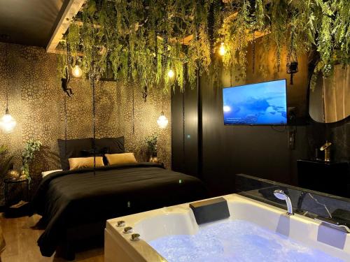 - une chambre avec une baignoire, un lit et une télévision dans l'établissement La folie sauvage - Balnéo & haut de gamme, à Saint-Nazaire
