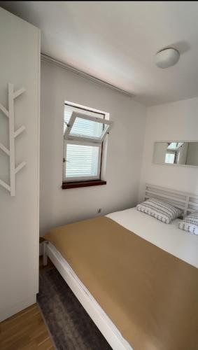 a bedroom with a large bed and a window at Family house in Strunjan