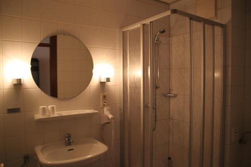 ein Bad mit einer Dusche, einem Waschbecken und einem Spiegel in der Unterkunft Hotel Lindenhof in Königstein an der Elbe