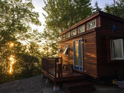 a wooden cabin in the woods with the door open at Tiny Loon and Mayfly Tiny House in Strathlorne