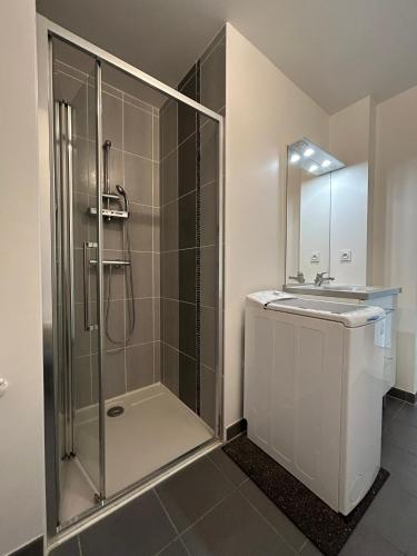 une salle de bain avec une douche, des toilettes et un lavabo dans l'établissement Appartement en résidence T2 BBC, à Dinard