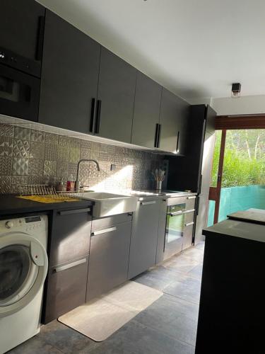 une cuisine avec un évier et une machine à laver dans l'établissement Le cosy du roi, à Fontenay-le-Fleury