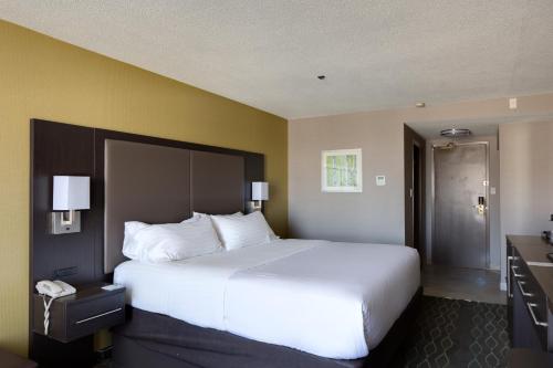 a hotel room with a large bed and a bathroom at Holiday Inn Sudbury, an IHG Hotel in Sudbury