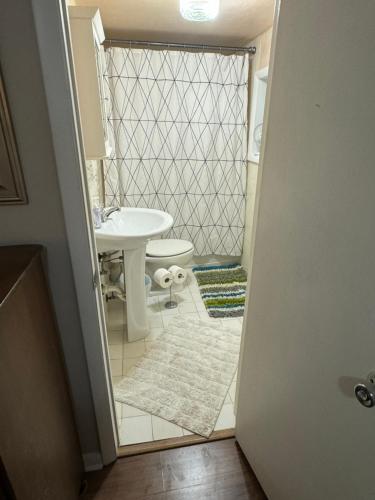 une salle de bain avec des toilettes blanches et un lavabo dans l'établissement Key West Style Historic Home in Coconut Grove Florida, The Blue House, à Miami