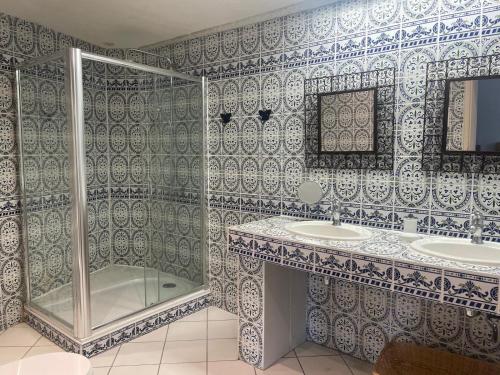 un bagno con due lavandini e una doccia di Chambres privées dans Maison en Provence a Fontvieille