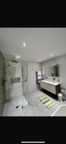 a bathroom with a shower and a toilet and a sink at Bramble Close in Chalfont Saint Peter