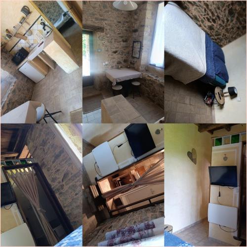 un collage de différentes images d'une pièce dans l'établissement Petit studio avec piscine, à Dussac