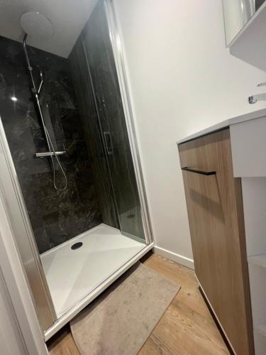 une douche avec une porte vitrée dans une salle de bain dans l'établissement Appartement 2 chambres proche plage , centre ville , phare, à Berck-sur-Mer