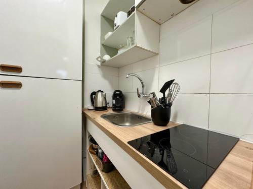 une petite cuisine avec un évier et un réfrigérateur dans l'établissement Appartement avec terrasse Proche Cassis, à Carnoux-en-Provence