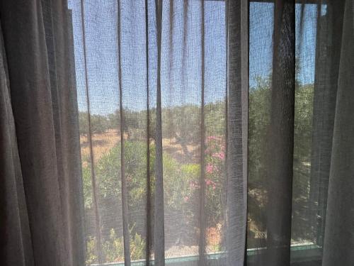a window with curtains with a view of a garden at 9 Muses Villas in Chrani
