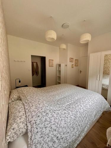 a bedroom with a large bed with a white comforter at Maison Privée, Calme, parking, Jardin in Reviers
