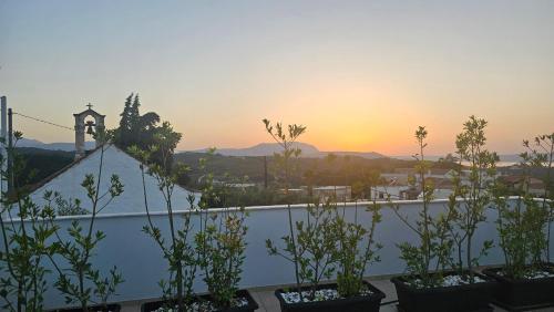 a view of the sunset from a balcony with plants at Villa YOLO in Almirida