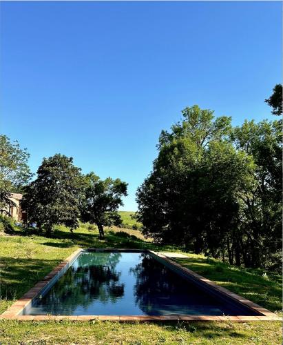 un bassin d'eau dans un champ arboré dans l'établissement Yourte vue exceptionnelle, à Teillet