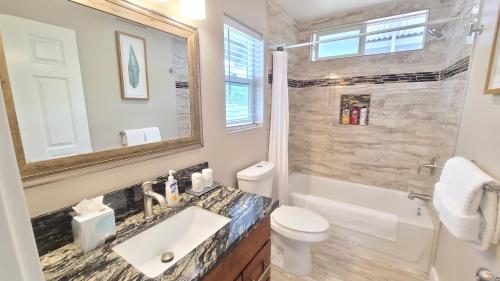 a bathroom with a sink and a toilet and a shower at Paradise Park Newly built studio with king bed in Keaau